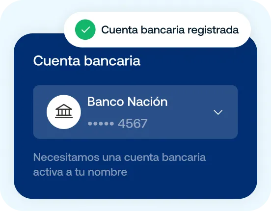 Interfaz de usuario de cuenta bancaria con selección de banco Nación mostrando últimos cuatro dígitos 4567 y mensaje de confirmación 'Cuenta bancaria registrada'.