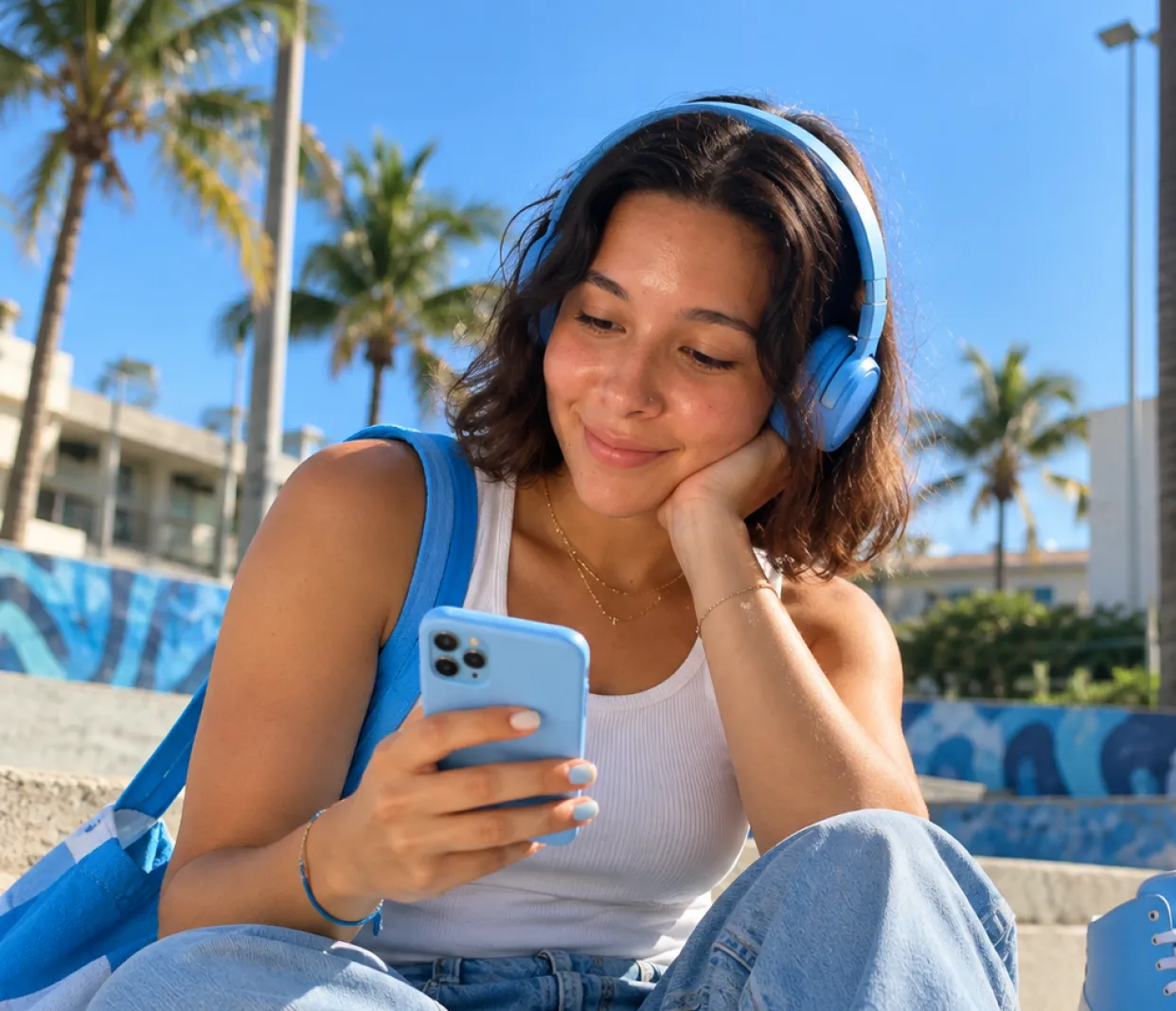 Mujer joven con cabello castaño corto usando auriculares azules y camiseta blanca, sentada al aire libre en escaleras con palmas y edificio al fondo, mirando y sonriendo a su teléfono celular azul.