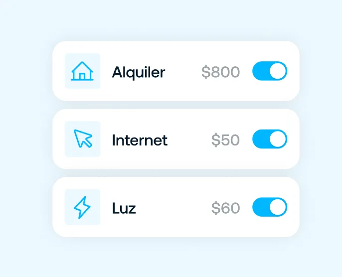 Lista de gastos con tres elementos: Alquiler con ícono de casa y costo $800, Internet con ícono de cursor y costo $50, Luz con ícono de rayo y costo $60, cada uno con interruptores de encendido activados.