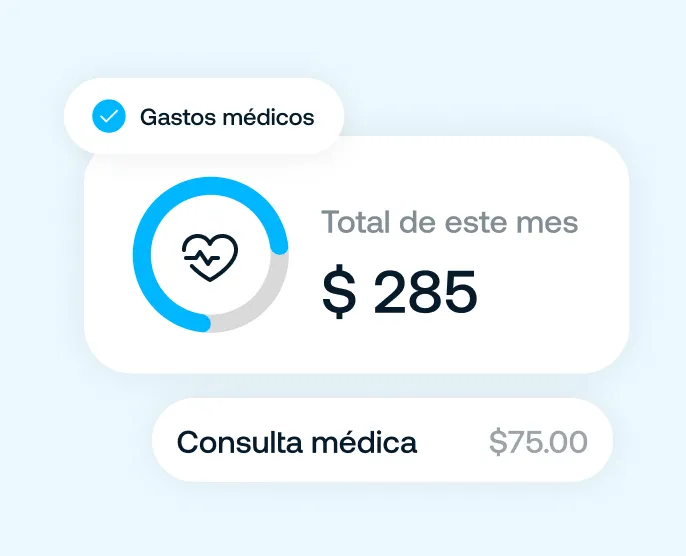 Interfaz que muestra gastos médicos con un total de $285 este mes y un gasto de consulta médica de $75.