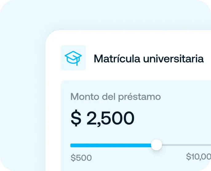 Interfaz digital para matrícula universitaria con un control deslizante para ajustar el monto del préstamo, actualmente en 2,500 dólares, con un mínimo de 500 y un máximo de 10,000.