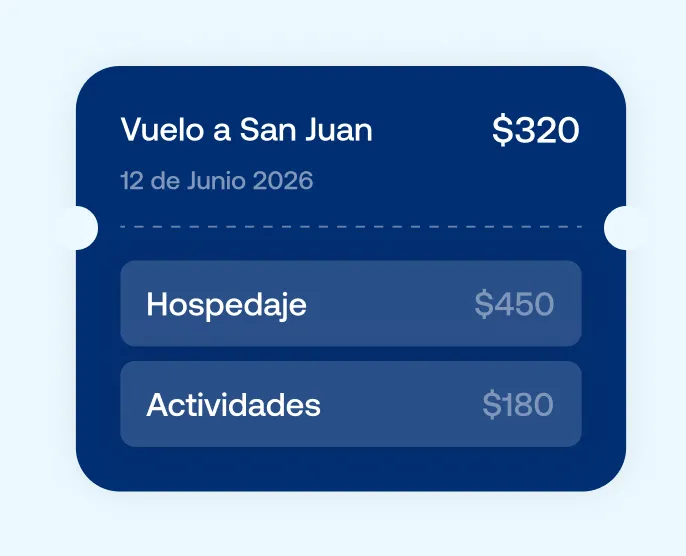 Resumen de gastos para un viaje: vuelo a San Juan por $320 el 12 de junio de 2026, hospedaje por $450, y actividades por $180.