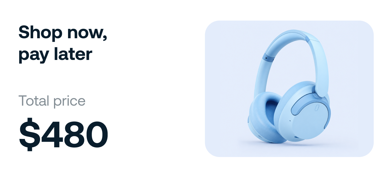 Blue wireless headphones on a light background with a price tag of $480 in installments.