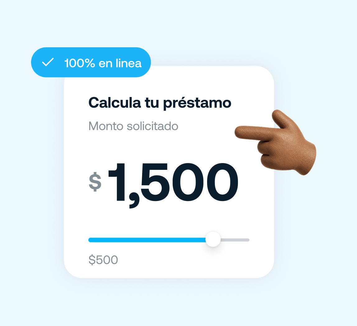 Calculadora de préstamo con monto solicitado $1,500 y etiqueta que dice 100% en línea.