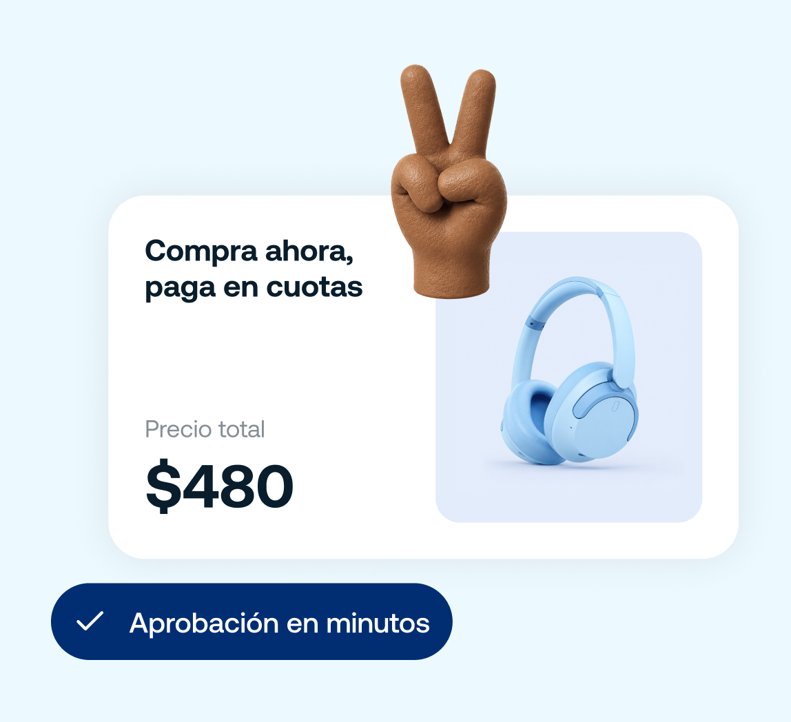 Auriculares azules con texto que indica compra en cuotas por $480 y aprobación en minutos.