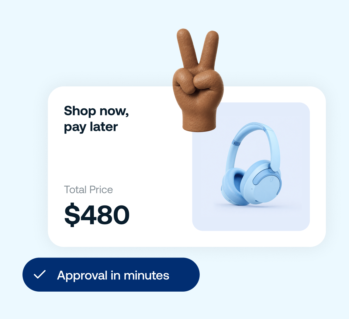 Blue headphones with text indicating installment purchases for $480 and approval in minutes.