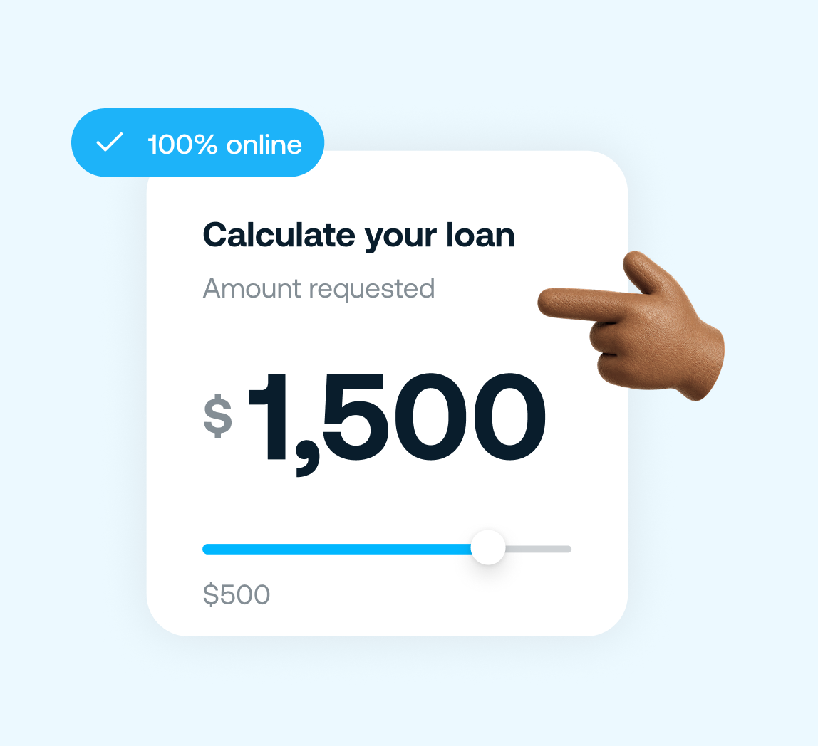 Loan calculator with a requested amount of $1,500 and a label that says 100% online.