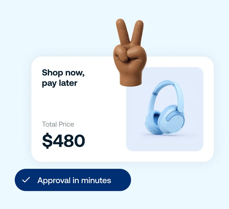 Blue headphones with text indicating installment purchases for $480 and approval in minutes.