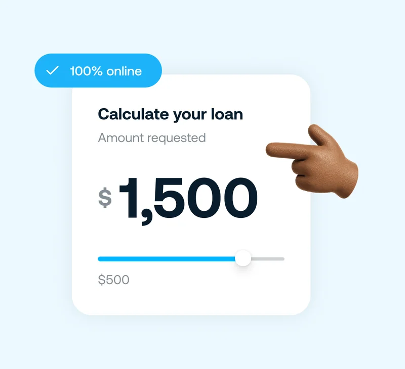 Loan calculator with a requested amount of $1,500 and a label that says 100% online.