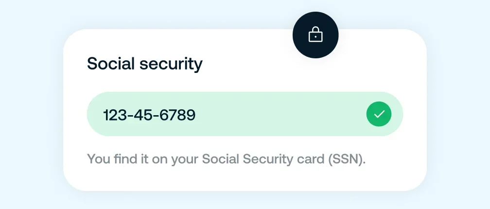 Card with Social Security number 123-45-6789 highlighted with a green background and a checkmark, with text indicating it is found on your Social Security card (SSN).