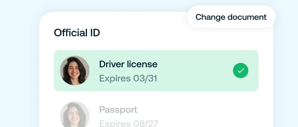 Official ID section showing a selected option for Driver's License expiring on 03/31 and a button to change document.