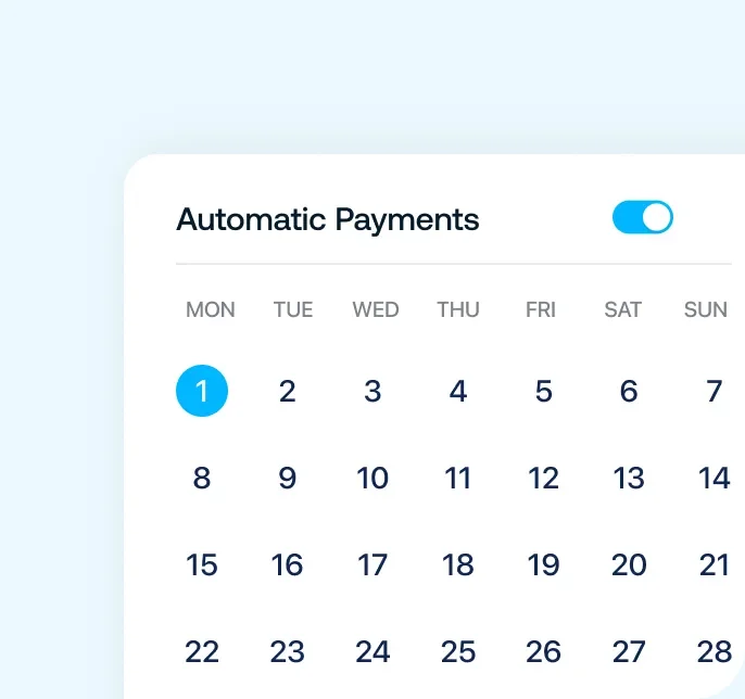 Autopay interface with the Spotify logo and a $9.99 monthly cost, showing a calendar with the 1st highlighted in blue and an enabled toggle switch for autopay.
