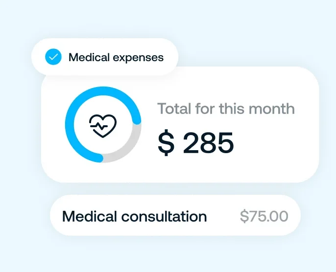Interface showing medical expenses with a total of $285 this month and a $75 doctor's visit expense.