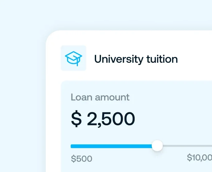 Digital interface for university tuition with a slider to adjust the loan amount, currently at $2,500, with a minimum of $500 and a maximum of $10,000.