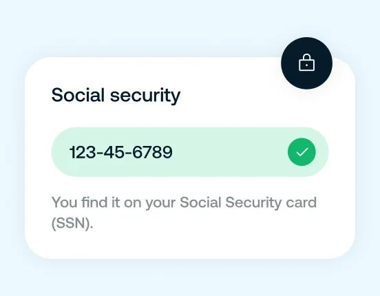 Card with Social Security number 123-45-6789 highlighted with a green background and a checkmark, with text indicating it is found on your Social Security card (SSN).