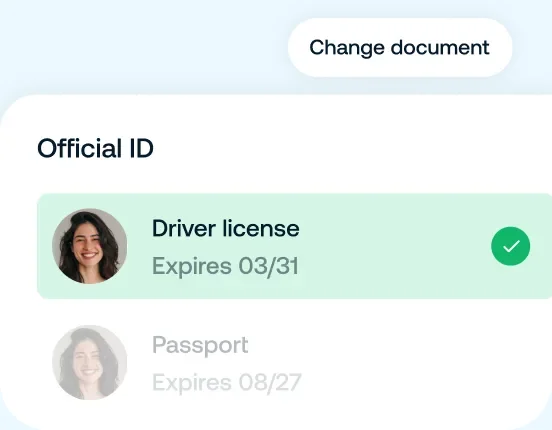 Official ID section showing a selected option for Driver's License expiring on 03/31 and a button to change document.