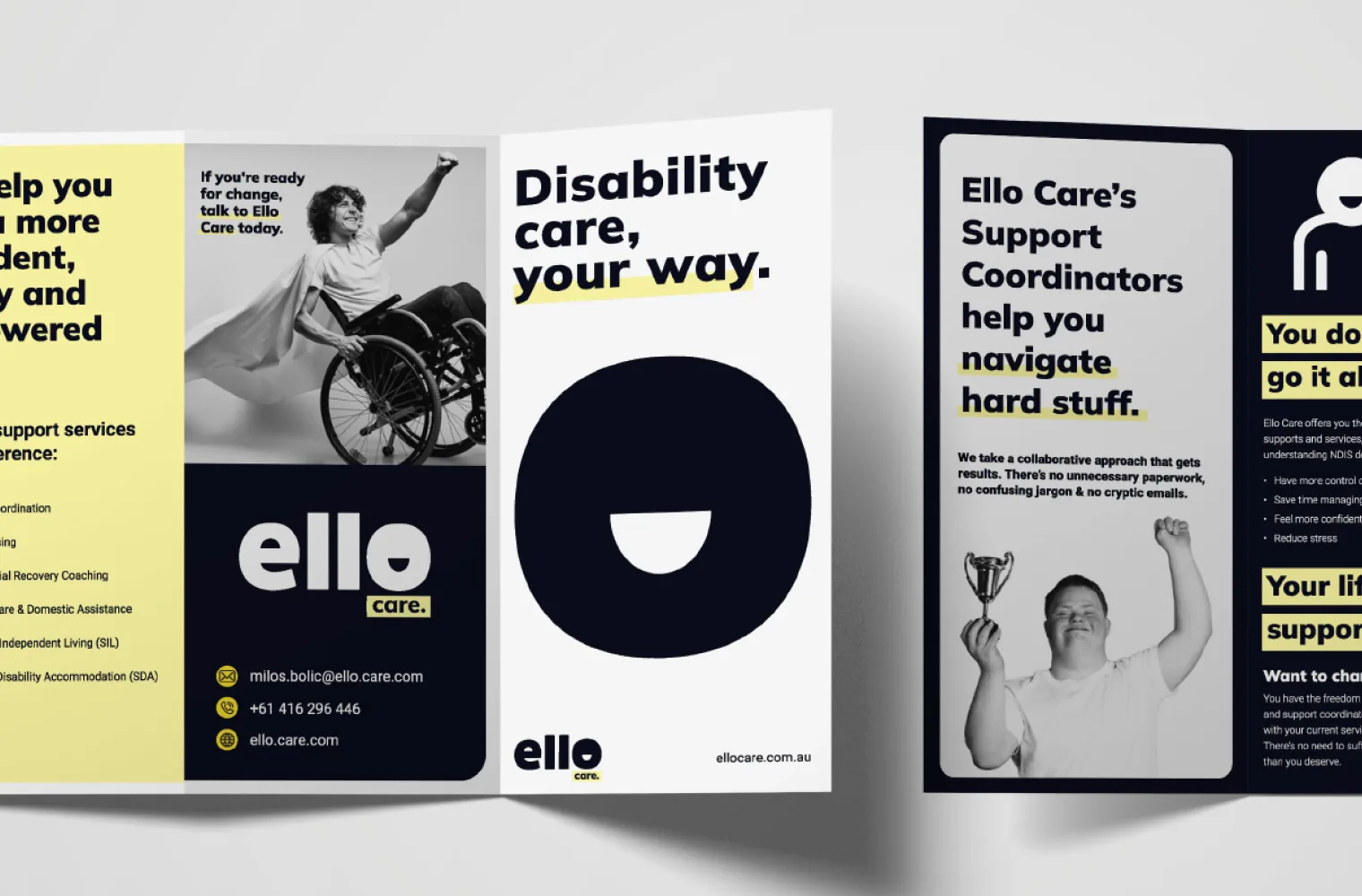Ello Care disability support brand: tri-fold brochure and print collateral design
