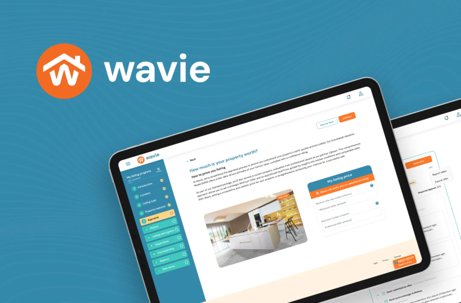 Wavie property listing platform: web app UI design on tablet