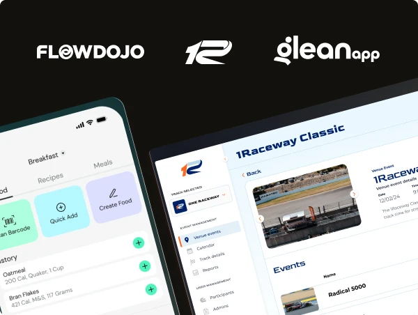 FlowDojo, 1Racer and GleanApp logos above their Devika-built product interfaces