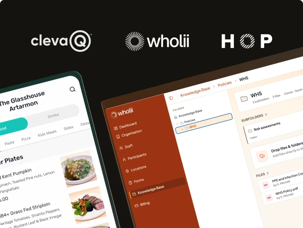 ClevaQ, Wholii and HOP logos above their Devika-built product interfaces