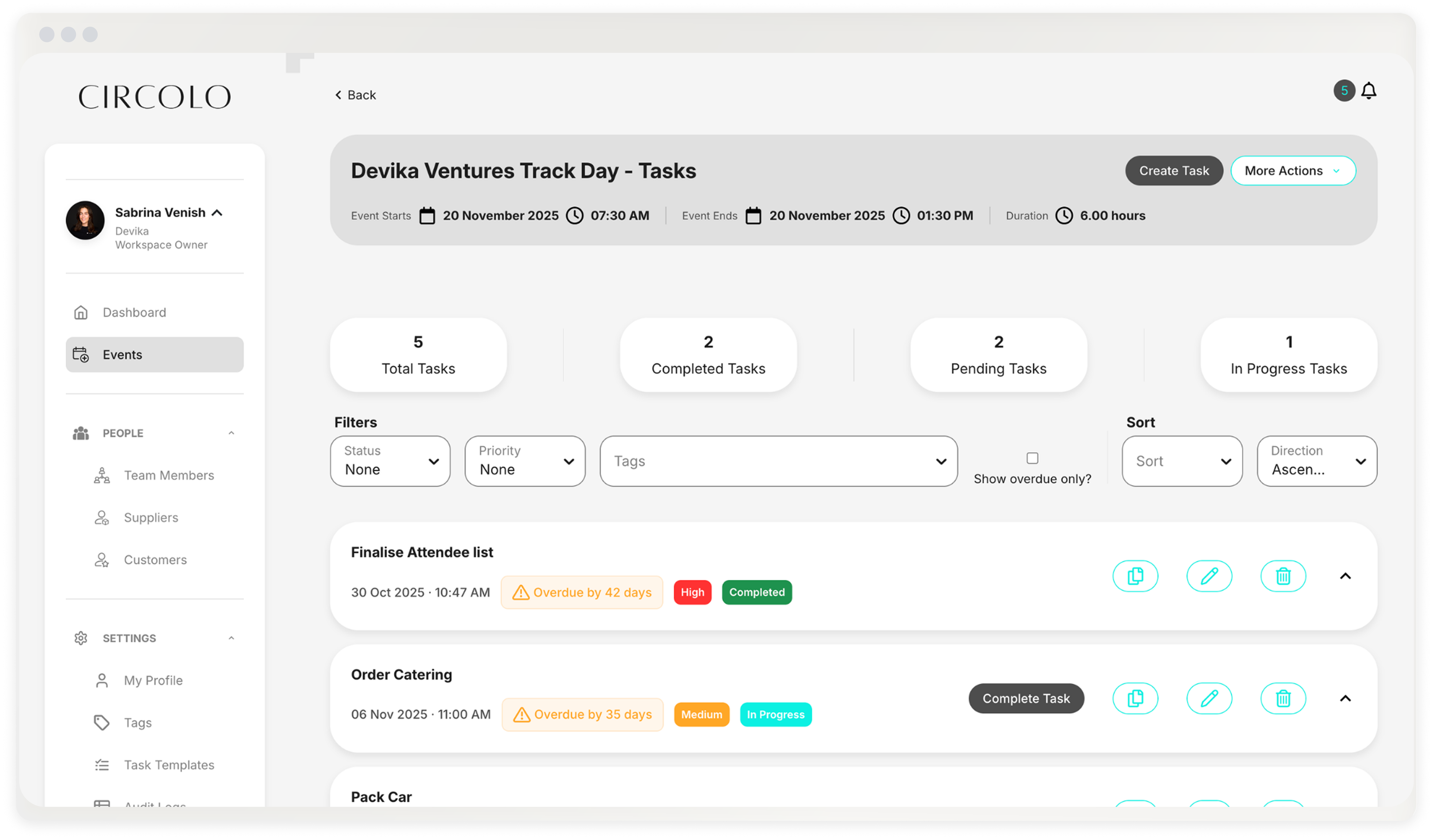 Circolo venue and task management dashboard