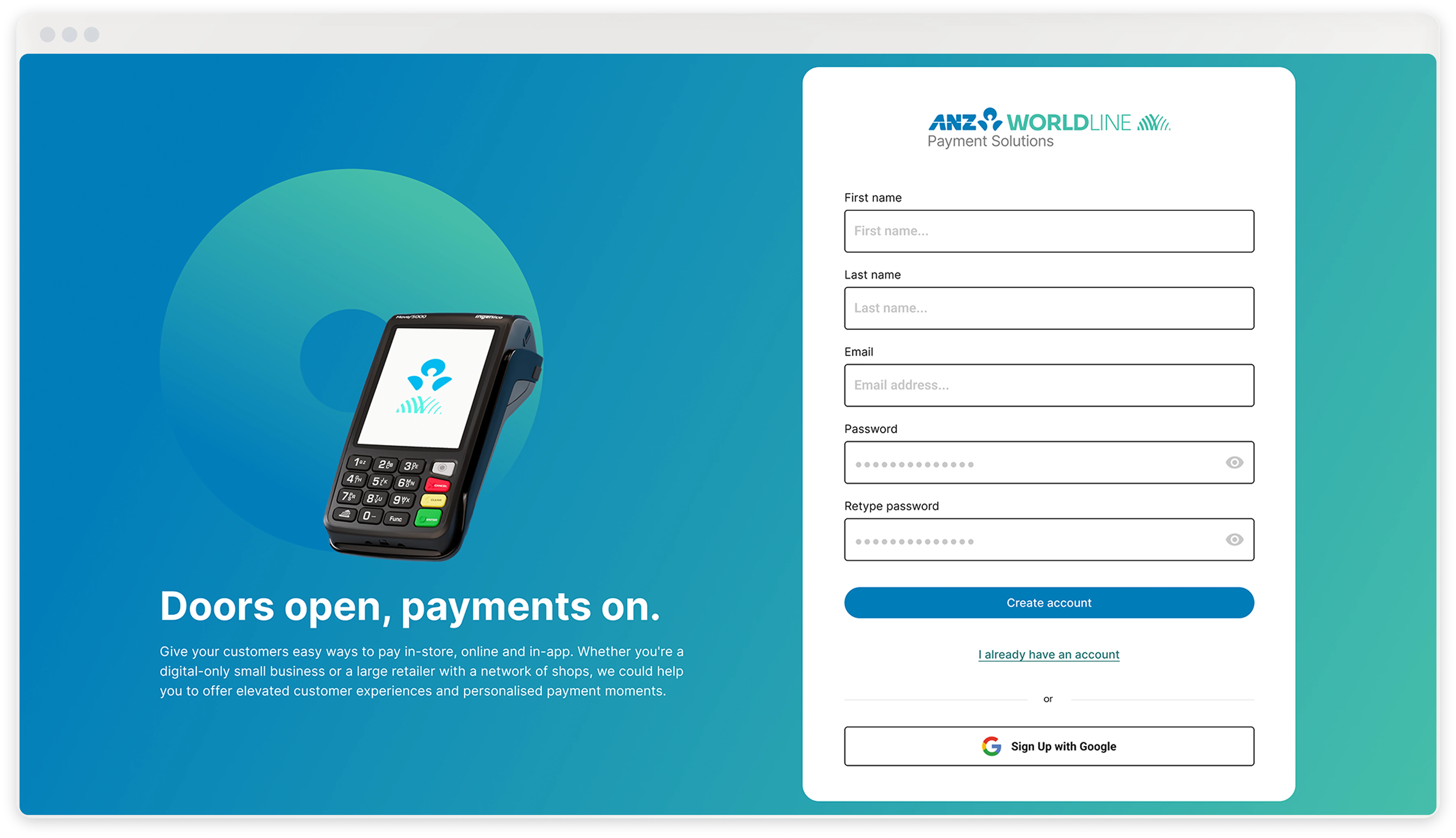 ANZ Worldline online payment registration screen