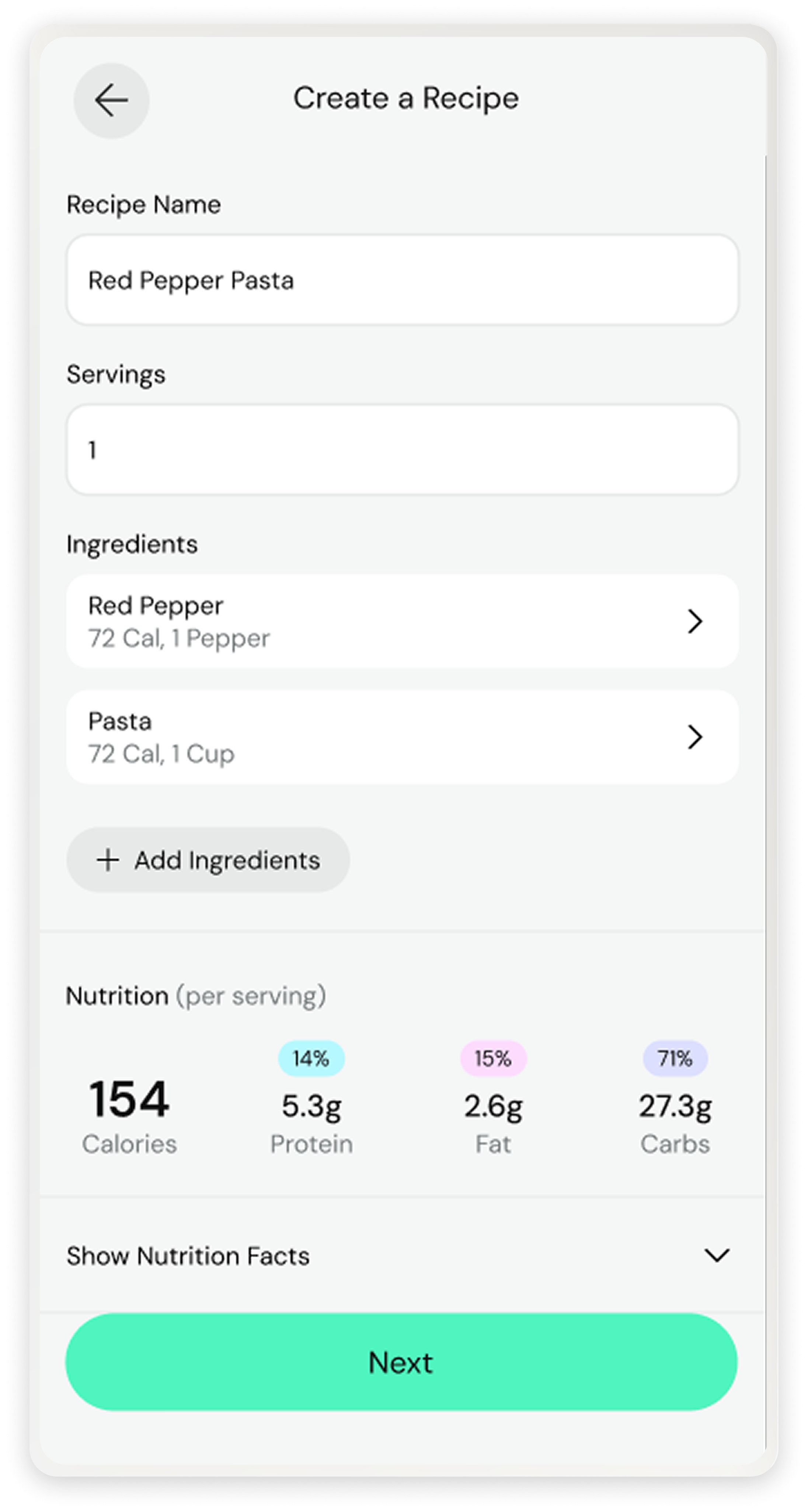 Mobile recipe creation and nutrition tracking screen