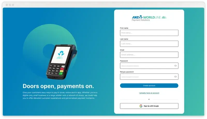 ANZ Worldline online payment registration screen