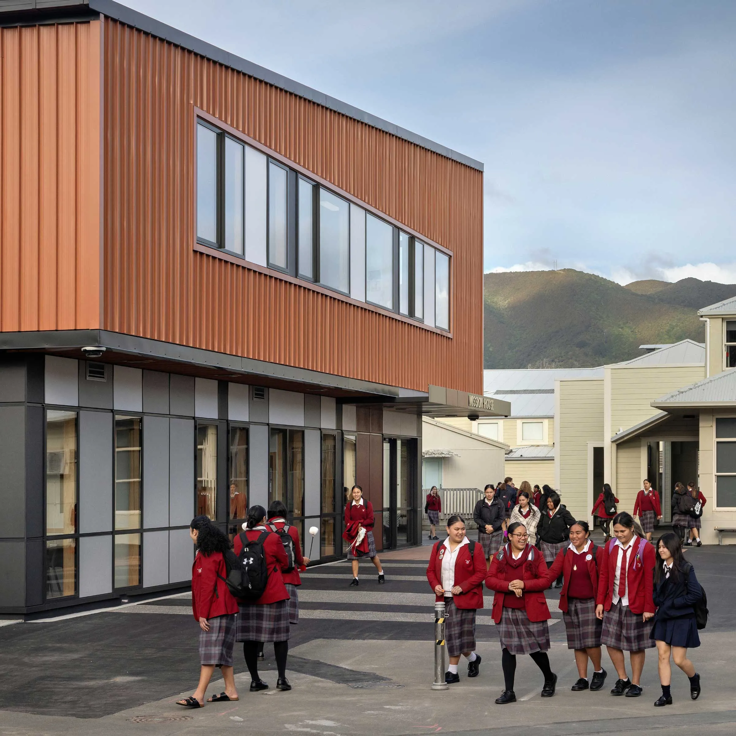 Students outside of Mission House by Robertson Architects at Sacred Heart College