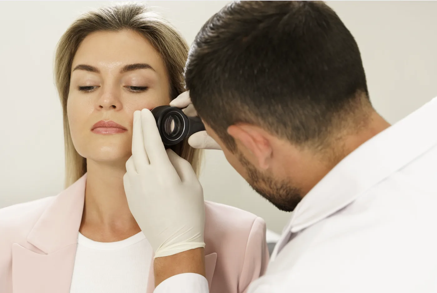 Doctor examining a patient's face with a dermatoscope