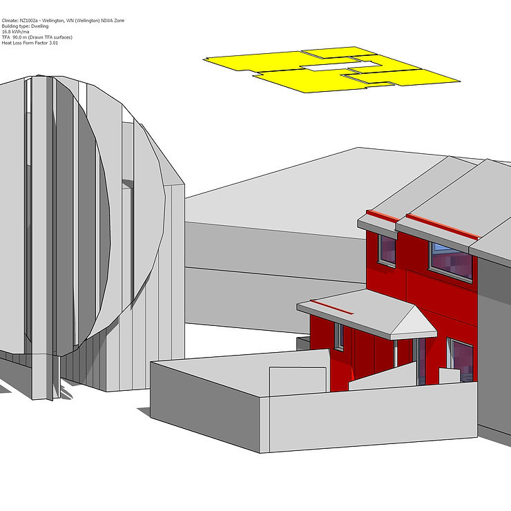 Street elevation with the large Pūriri street tree and potential additional dwelling. The treated floor area plan in yellow beyond.