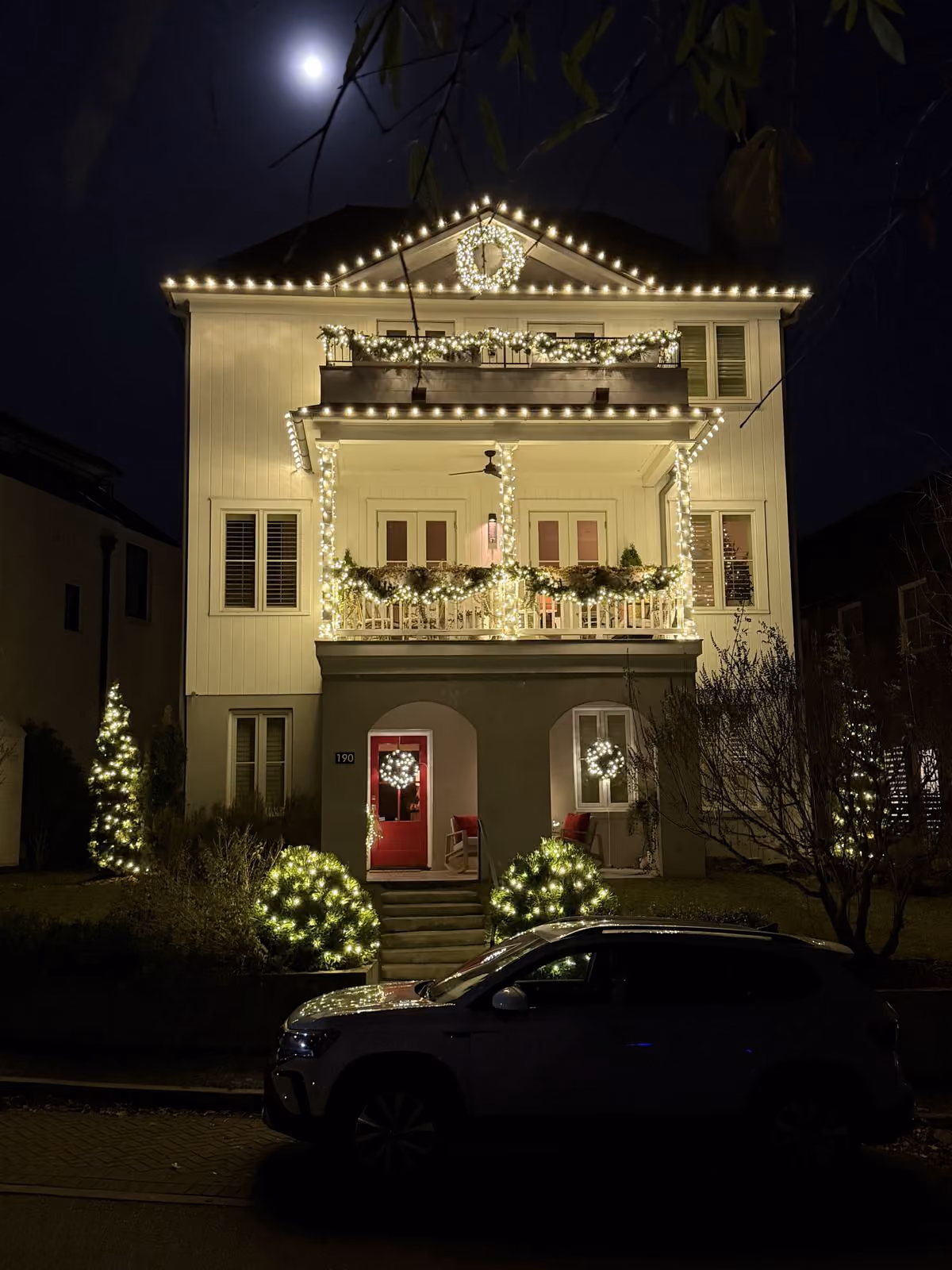 House decorated with Christmas lights.