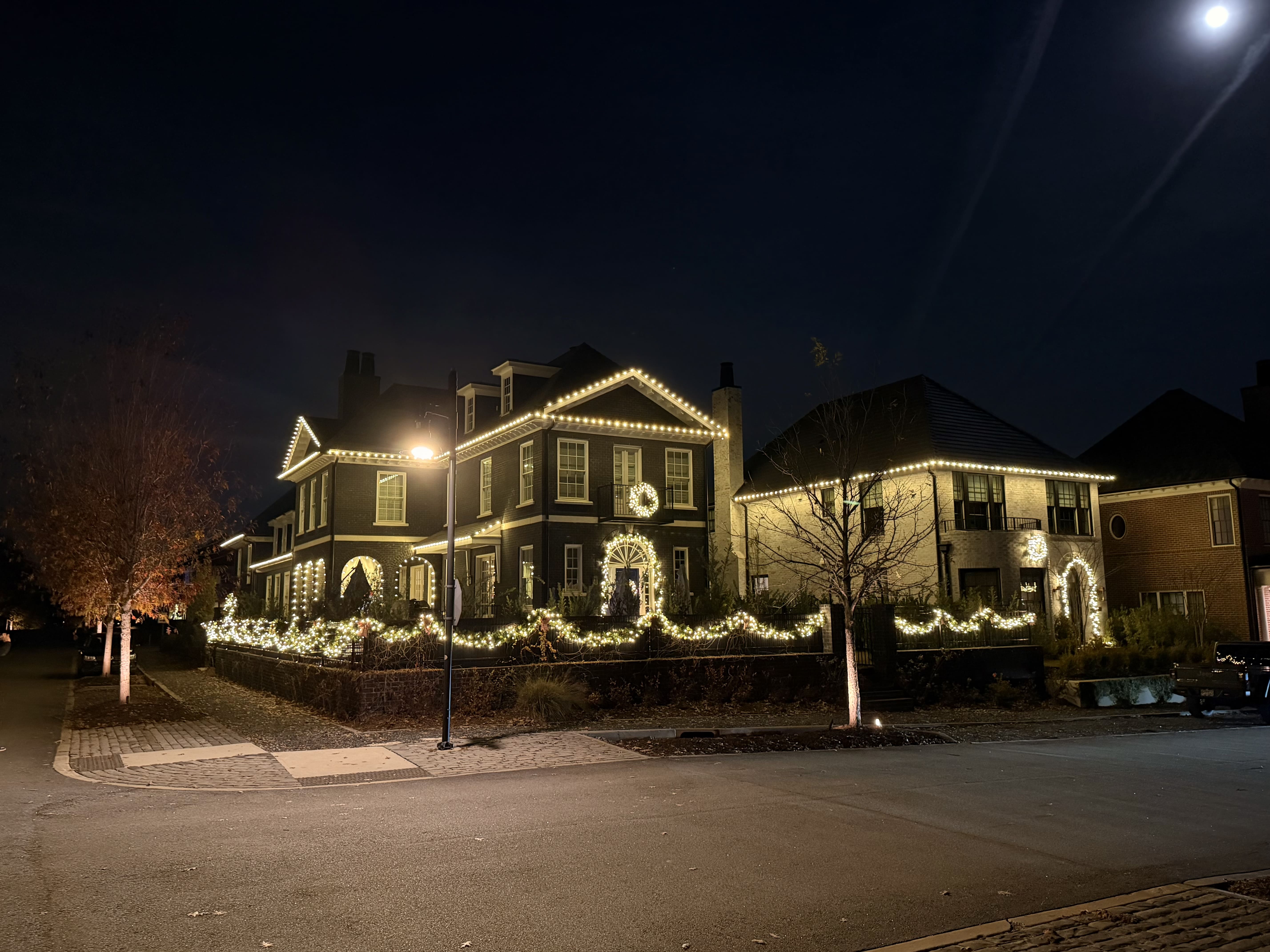 House decorated with holiday lights.