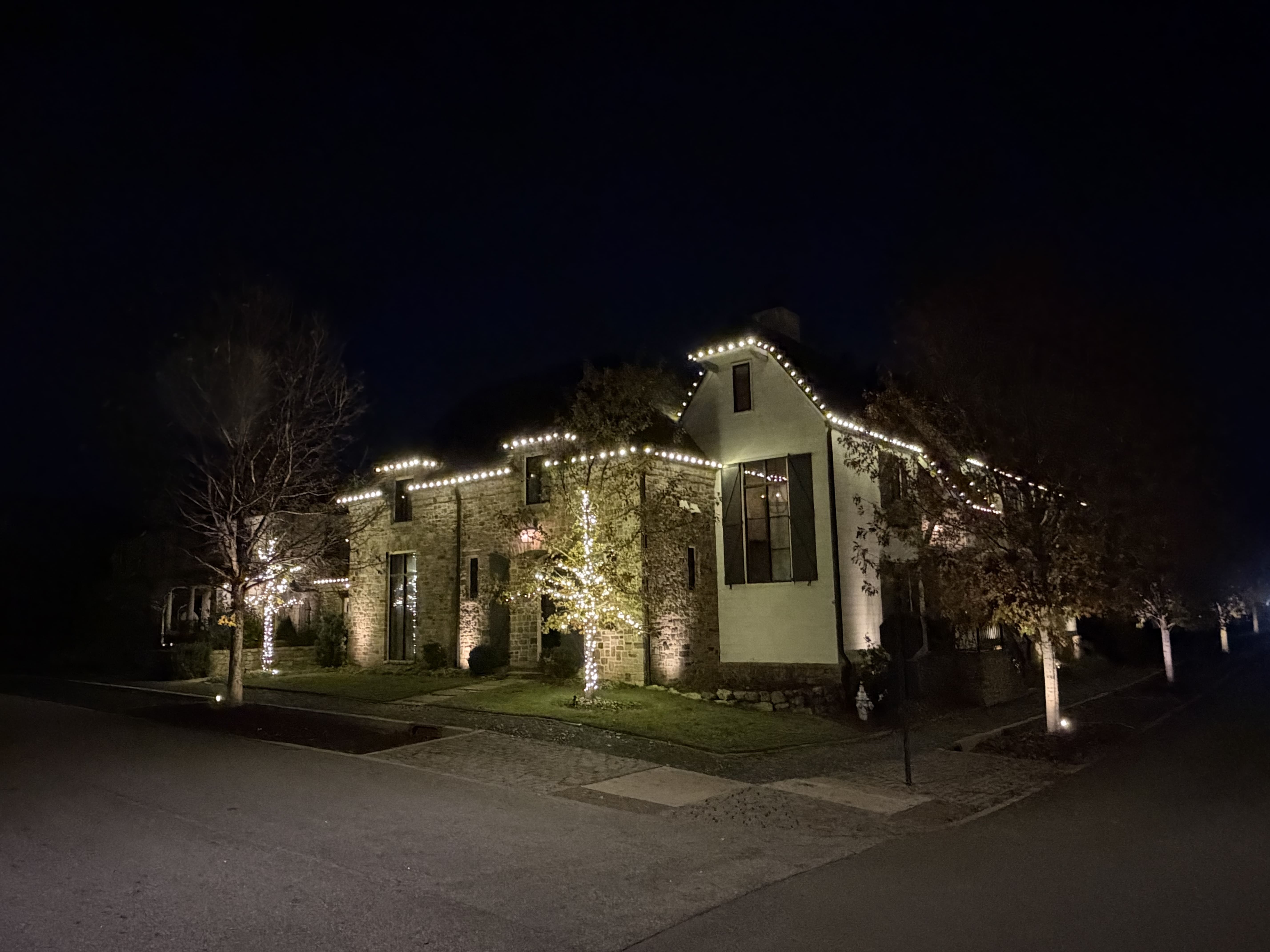 House decorated with holiday lights.