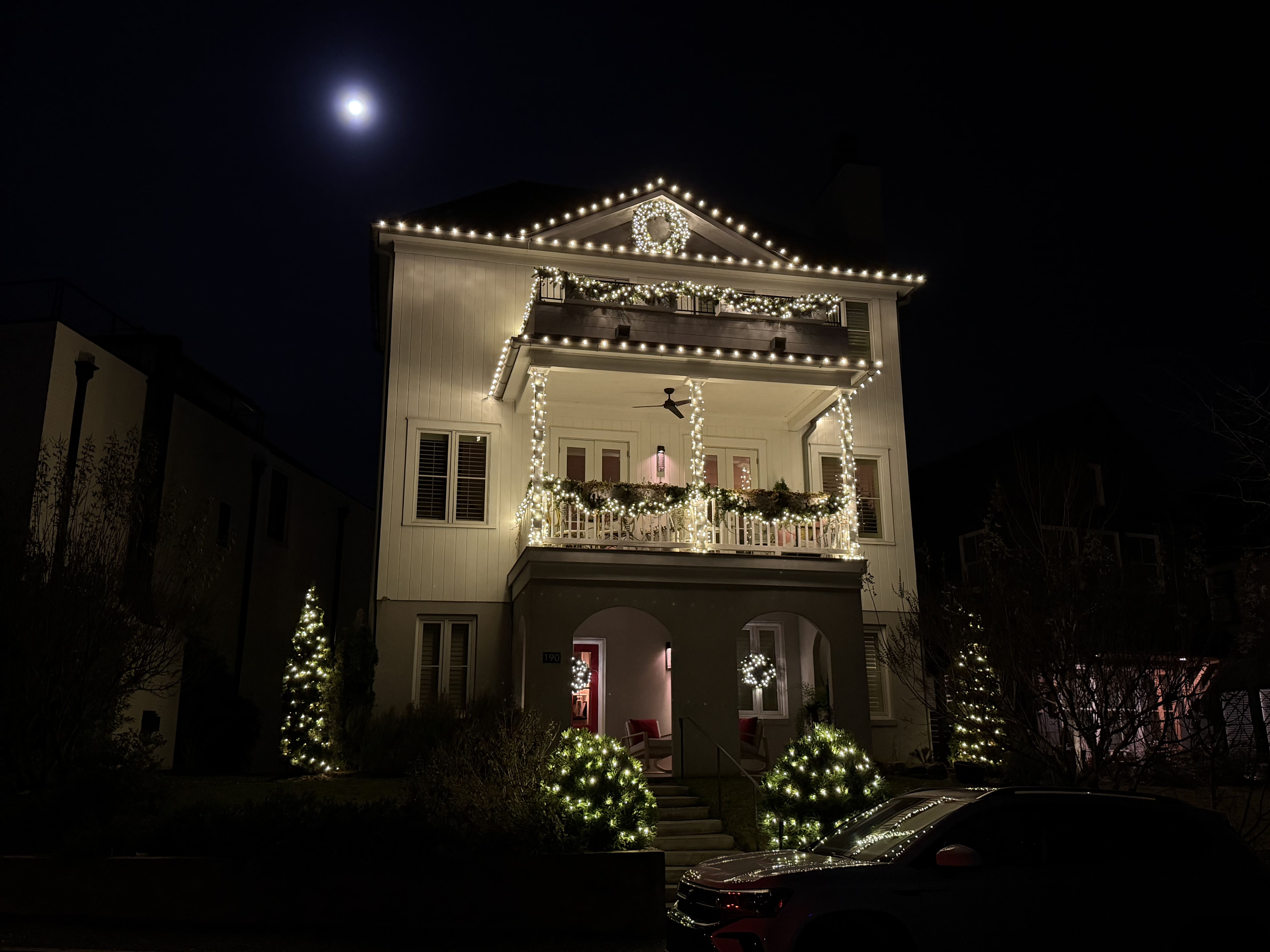 House decorated with holiday lights.