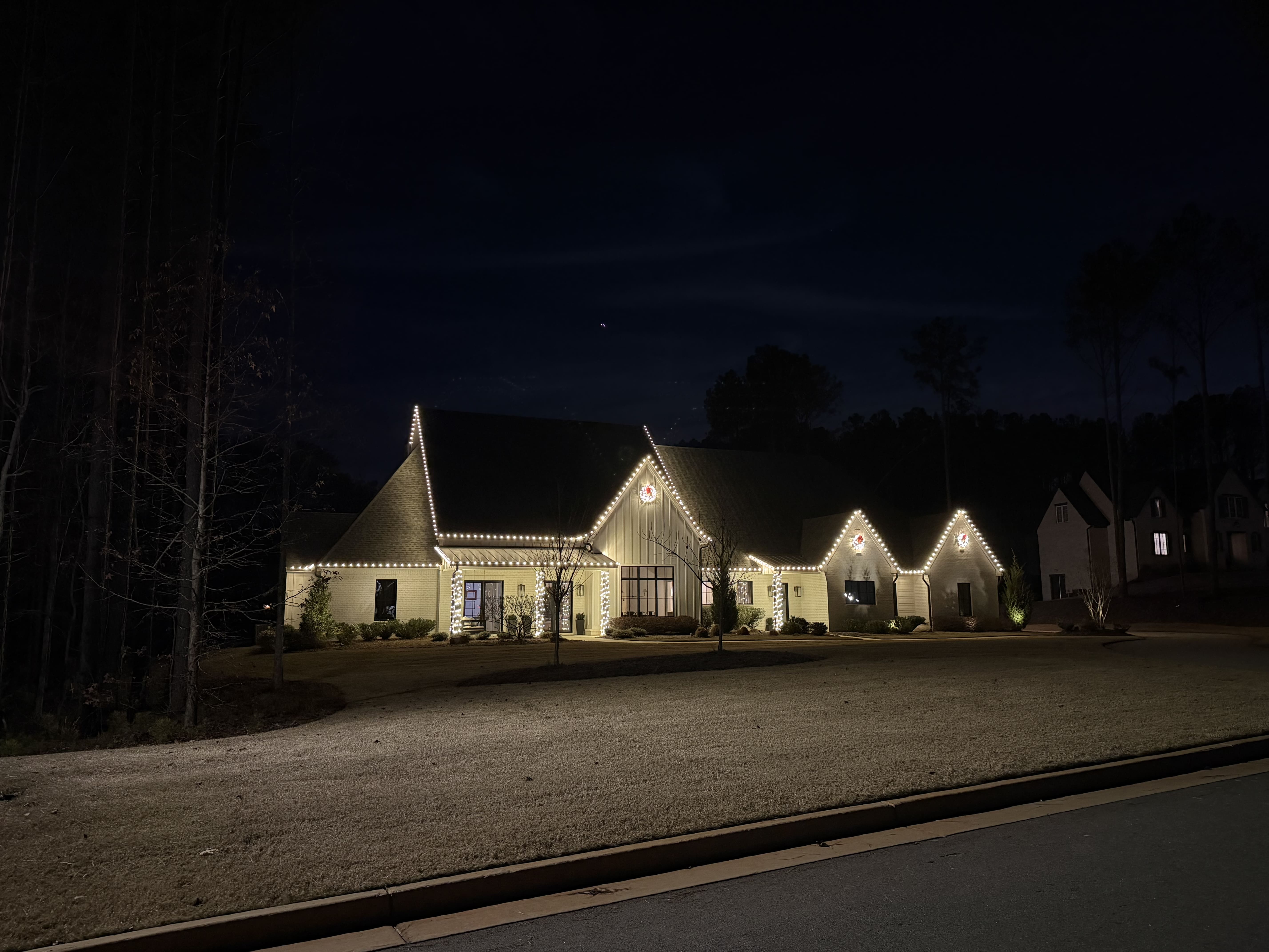 House decorated with holiday lights.