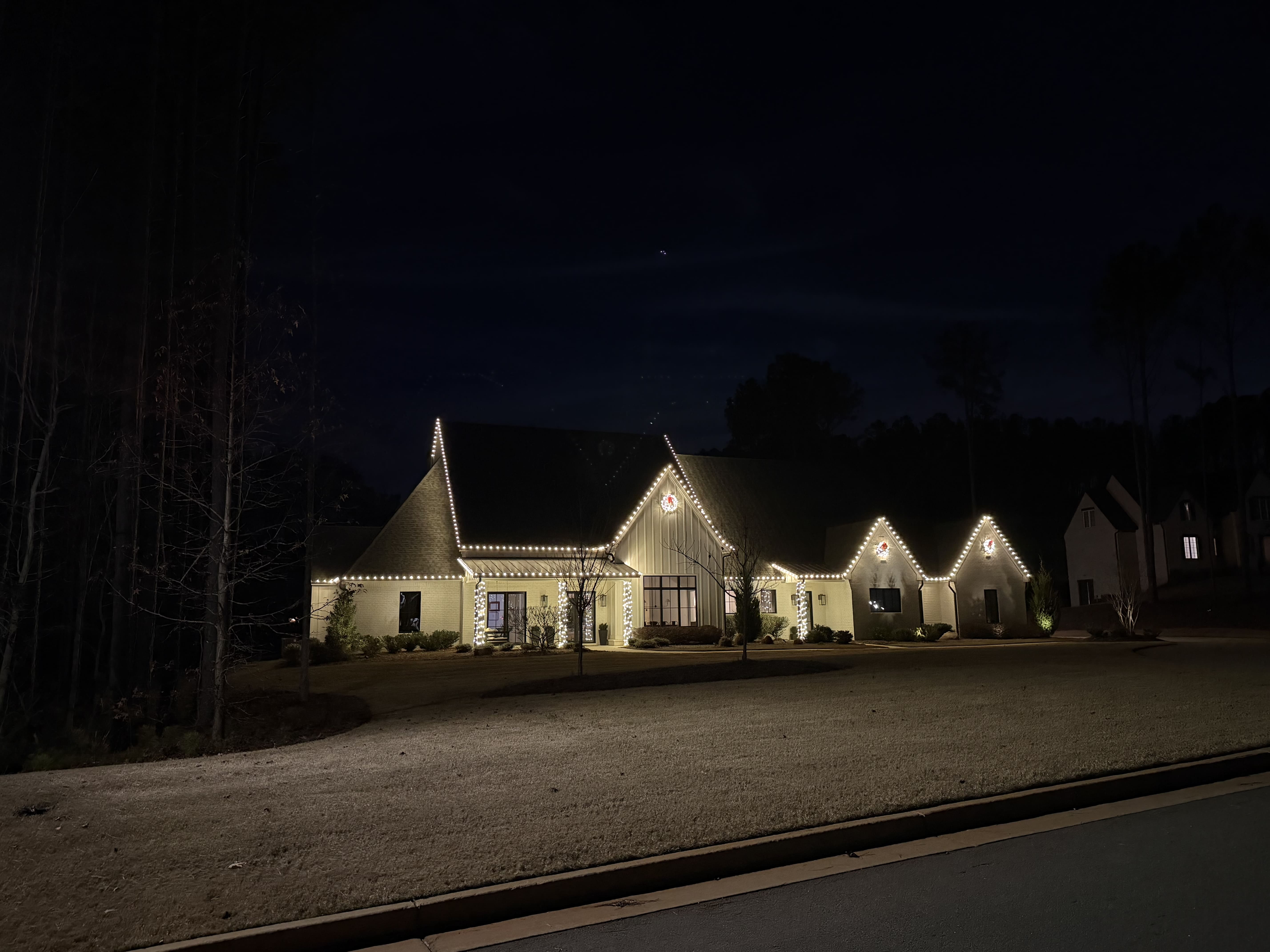 House decorated with holiday lights.