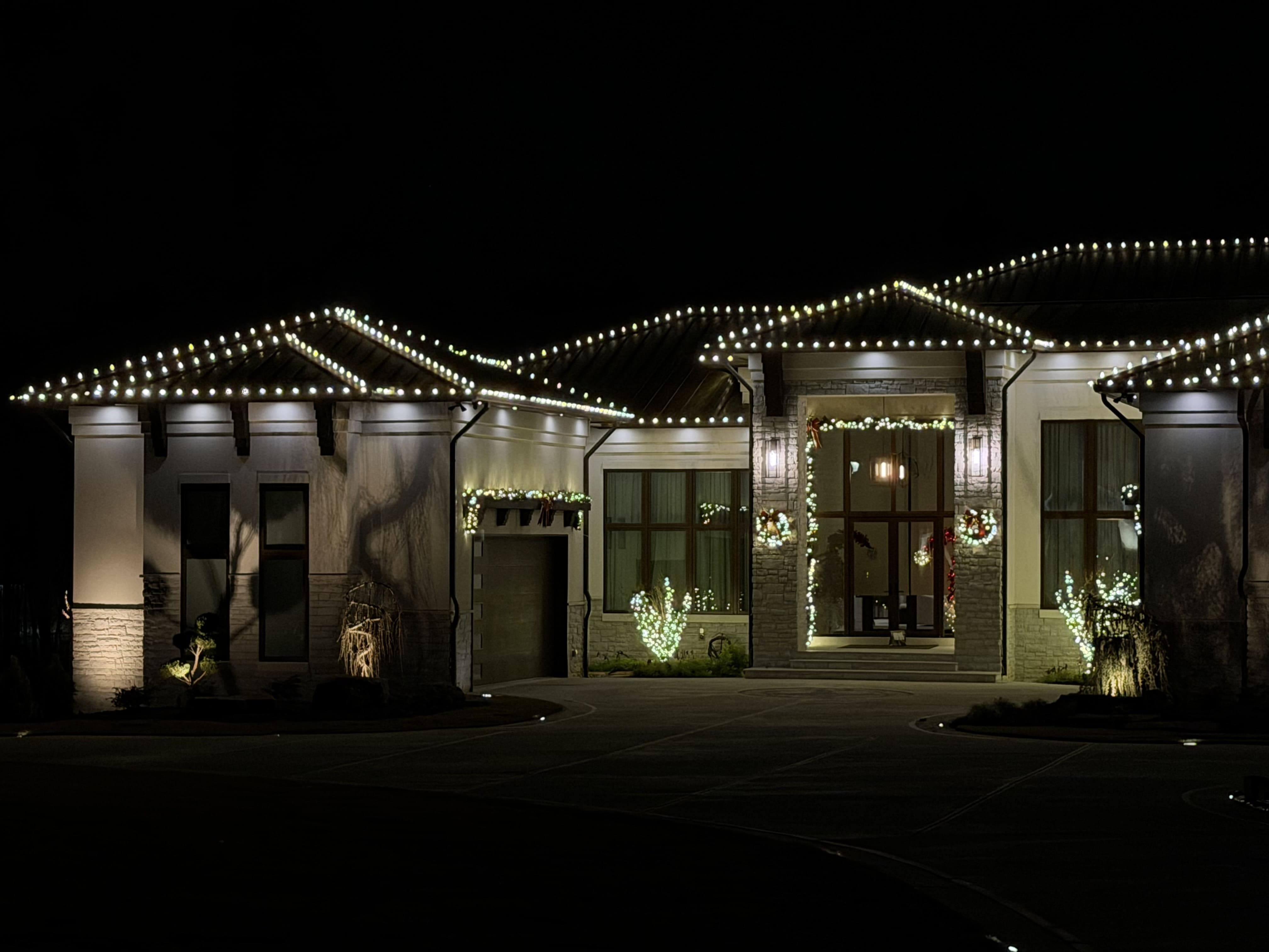 House decorated with holiday lights.