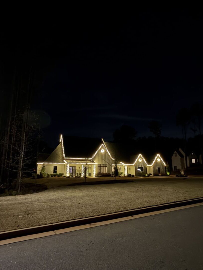 House decorated with holiday lights.