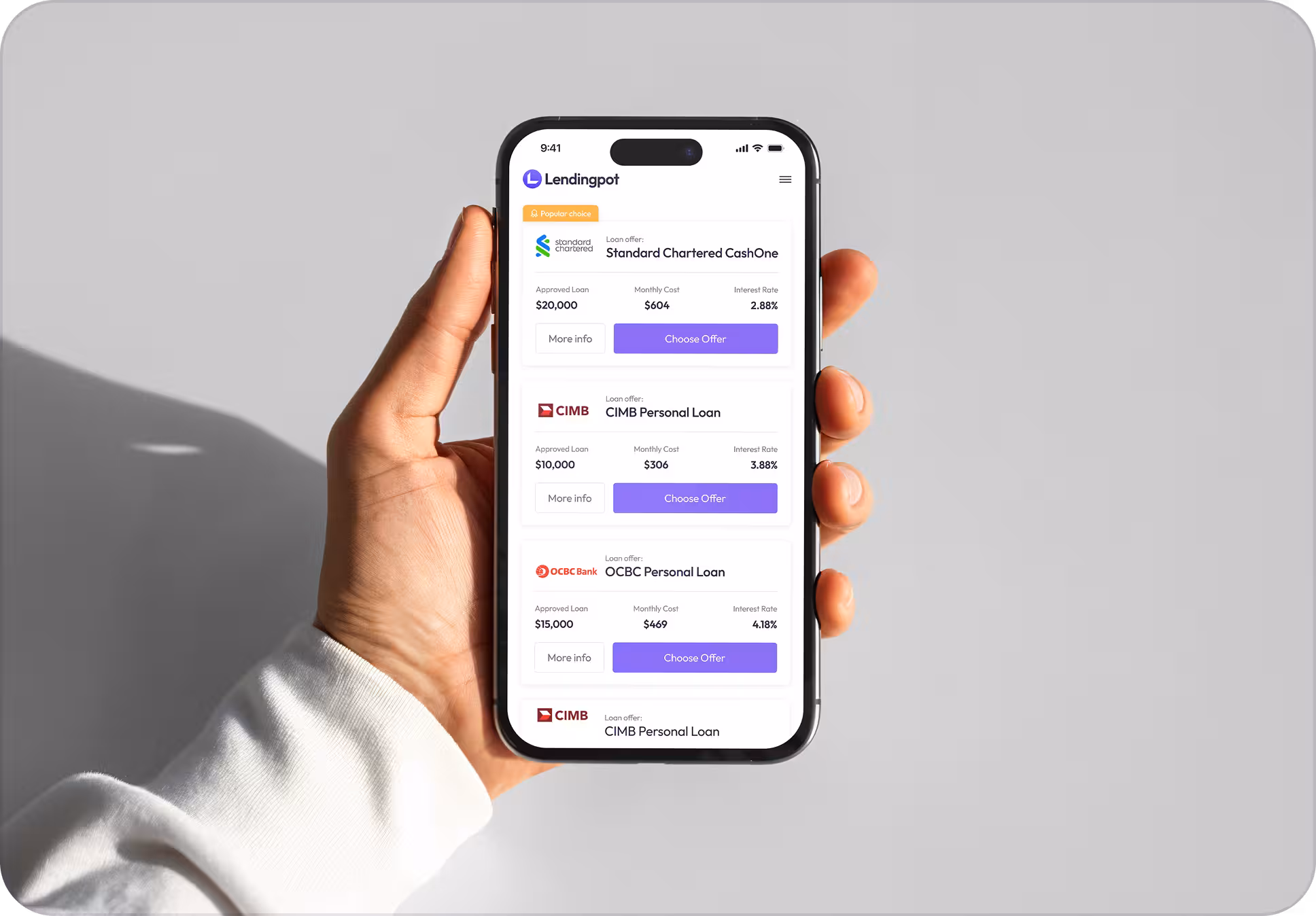 Hand holding a phone showing Lendingpot loan comparison results