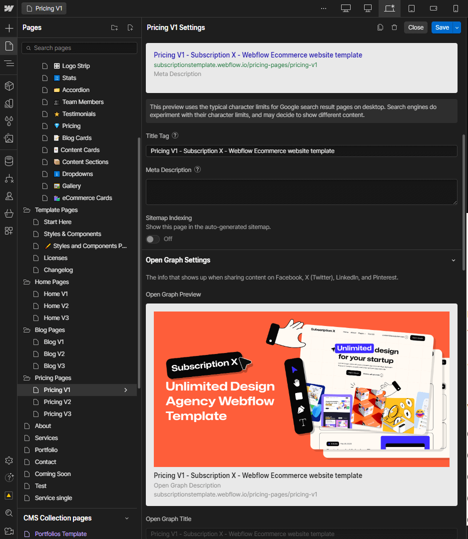 Subscription X - Webflow Template Meta Configuration