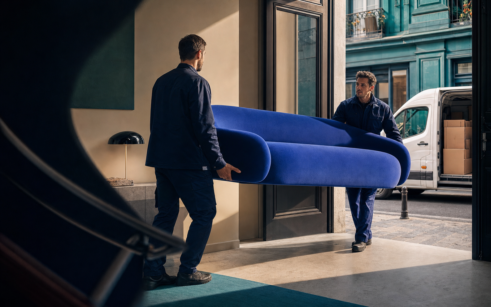 Une équipe Easy2go livre un canapé volumineux dans un appartement