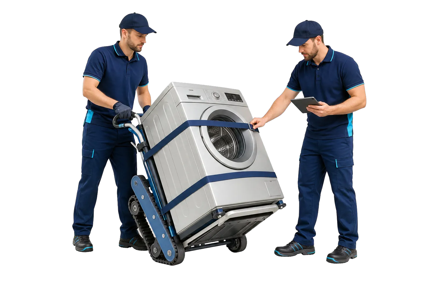 Deux spécialistes transportent un lave-linge avec un monte-escalier