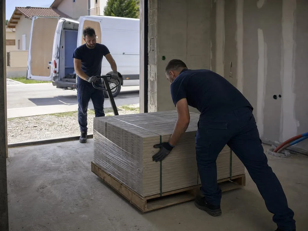 Deux livreurs positionnent une palette de carrelage dans un garage
