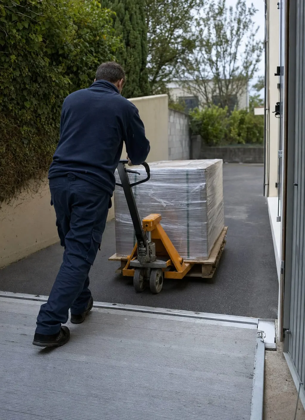 Livreur guidant une palette de matériaux avec un transpalette