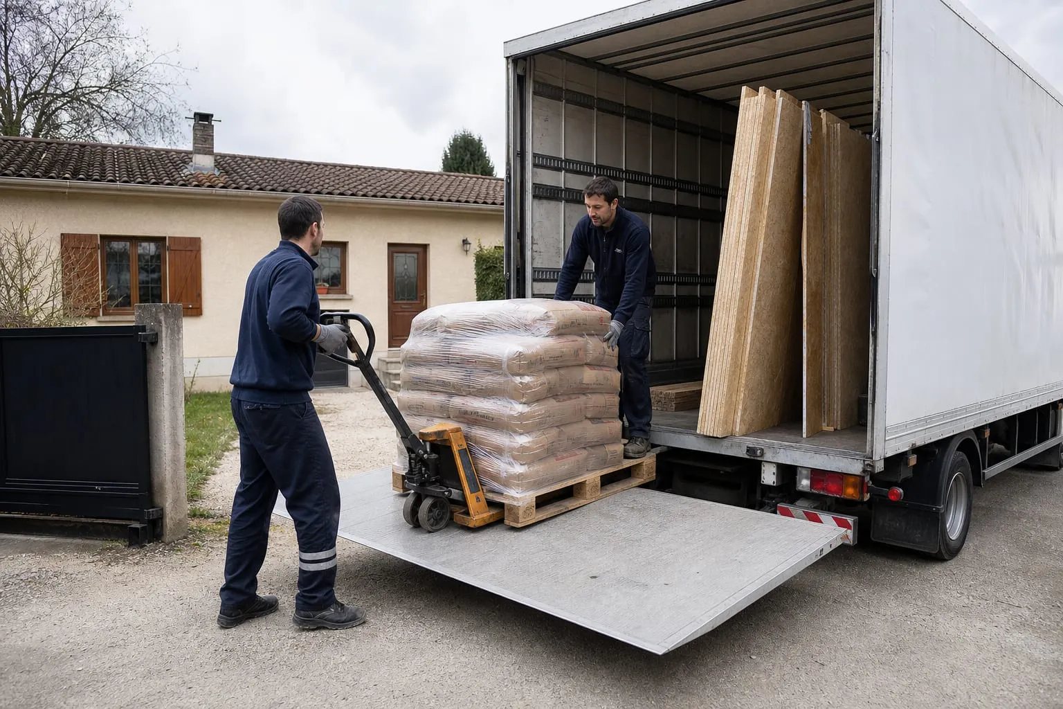 Deux livreurs déchargent des matériaux lourds devant une maison