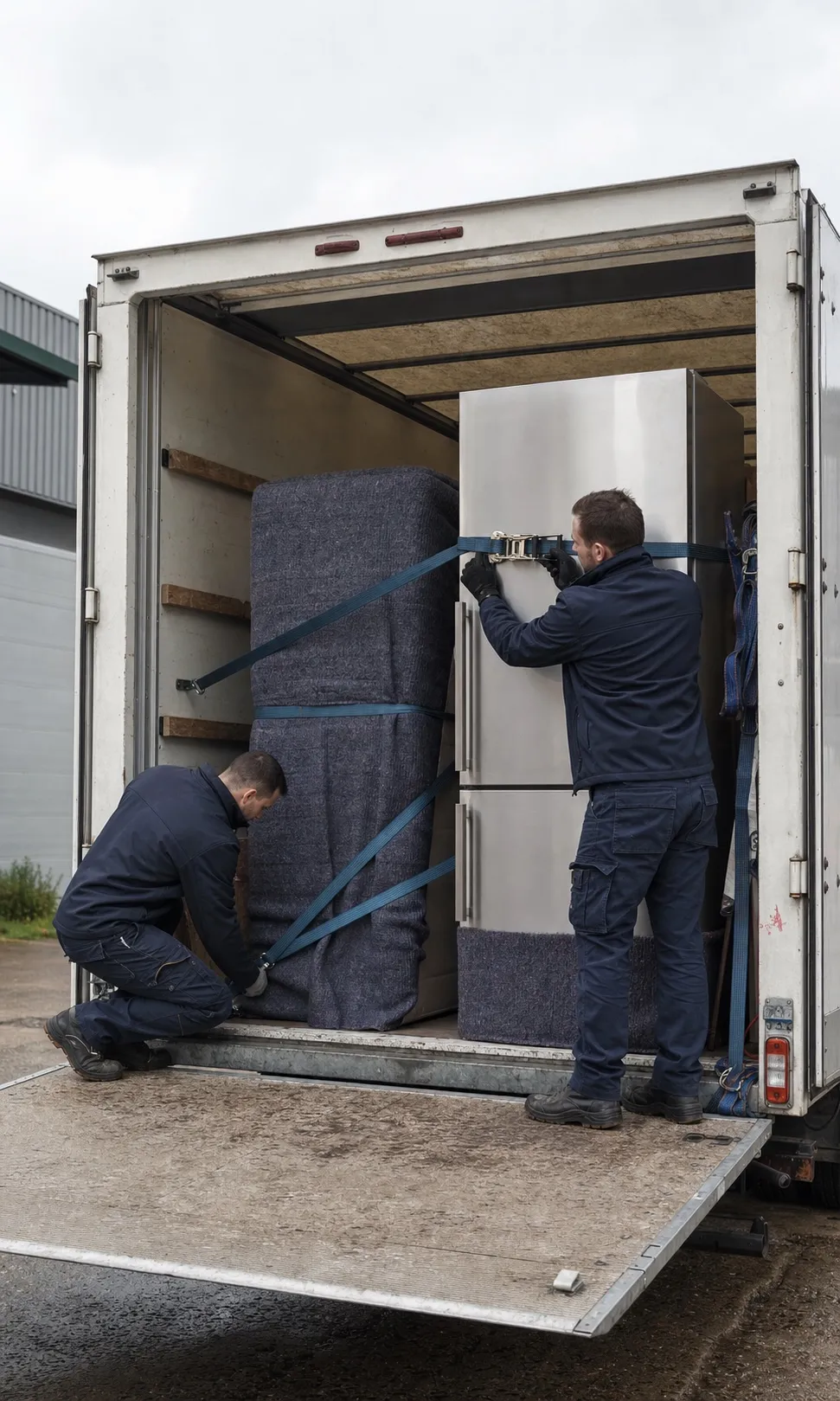 Équipage sécurisant un réfrigérateur et du mobilier lourd dans un camion