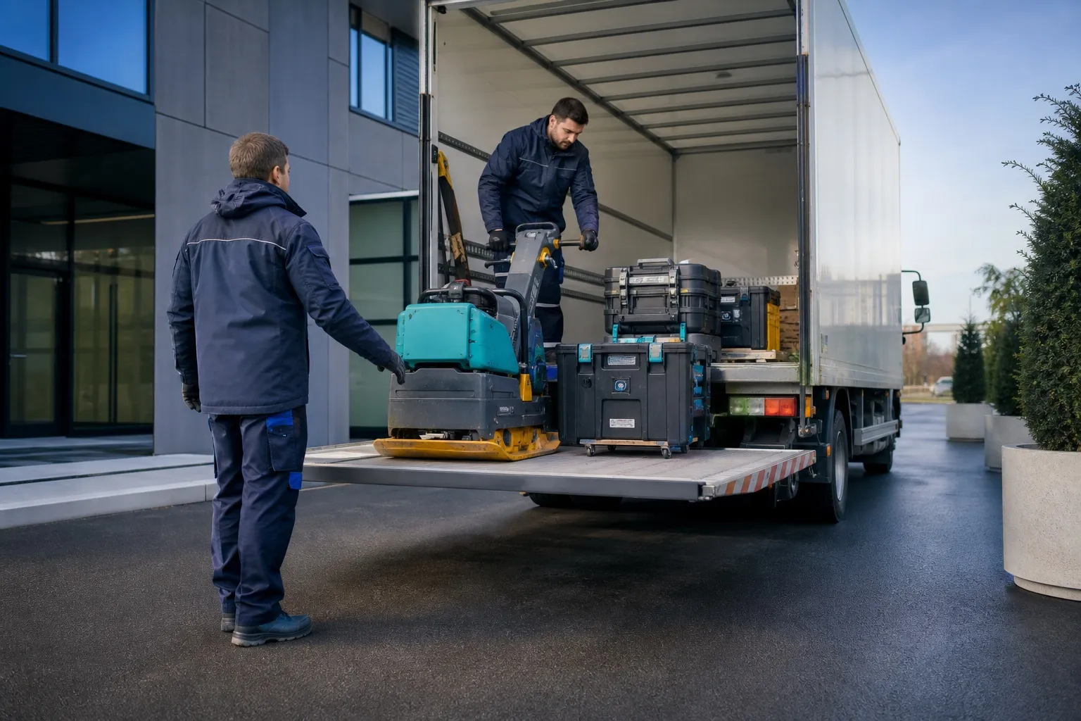 Déchargement de matériel professionnel lourd depuis un camion à hayon