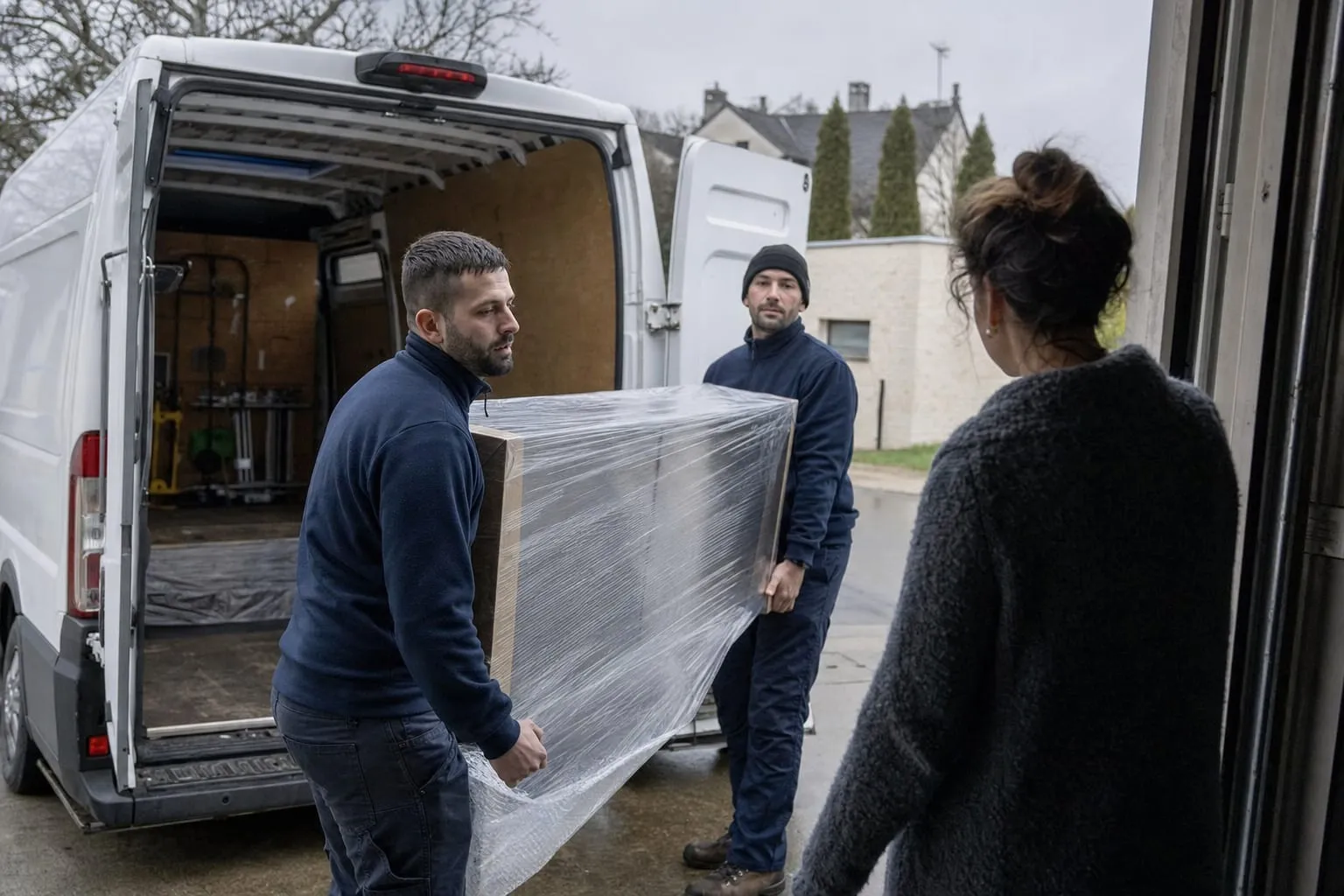 Deux livreurs remettent un colis volumineux à une cliente