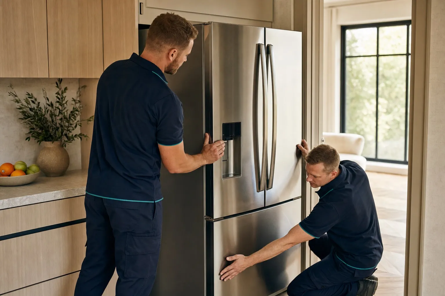 Deux techniciens Easy2go installent un réfrigérateur dans une cuisine